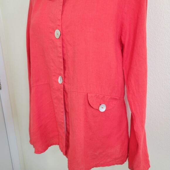 FLAX Women's Jacket Top in Coral 100% Linen Size Small with buttons - Picture 2 of 11